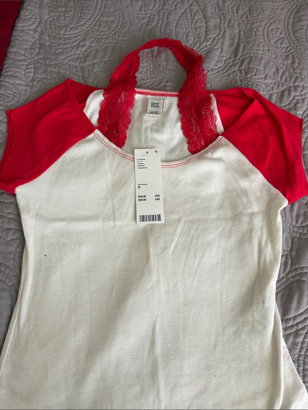 Urban Outfitters BDG White Tee with Red Raglan Sleeves and Lace Halter - Picture 4 of 7